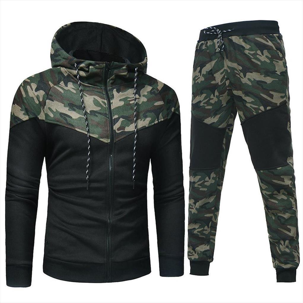 

sets autumn winter hooded mens tracksuit sweatshirt chic camouflage print sport zipper coat pants suit, Gray