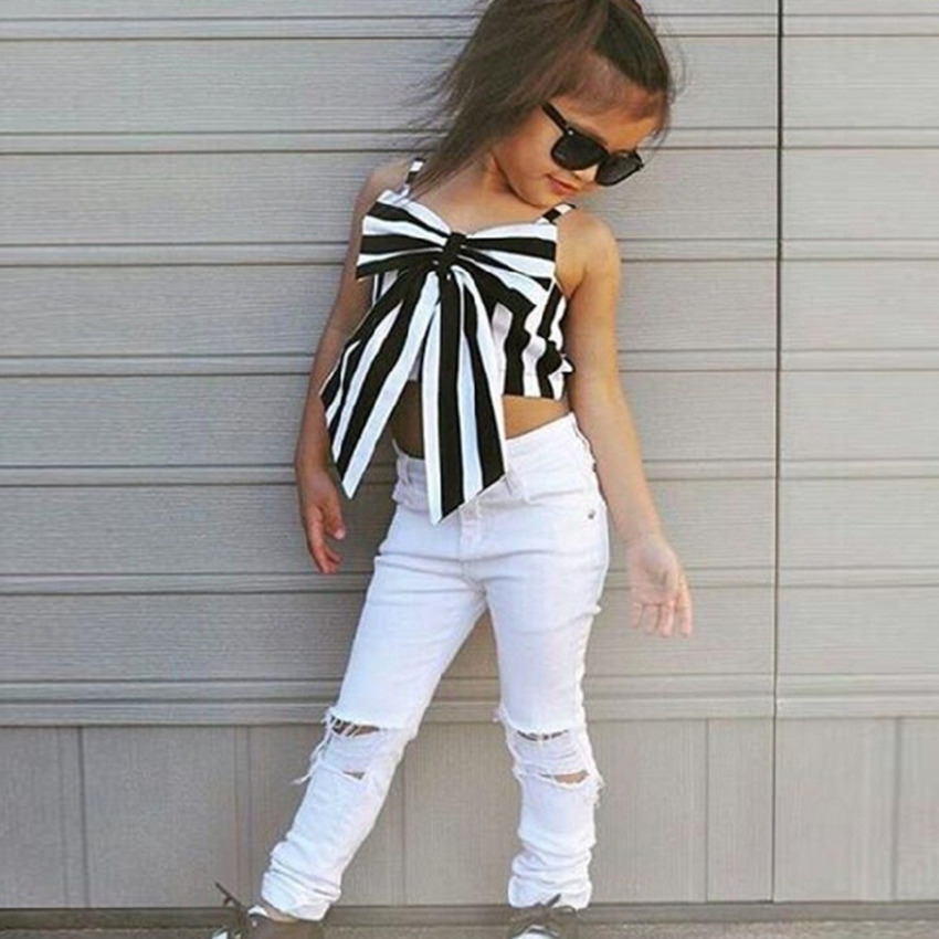 

2021 INS Kids Girls 2 Piece Clothing Set Striped Sleeveless Tops Cropped Butterfly Bow Vest + Holes Pants Ripped Jeans Fashion Suit H239NMQ, White