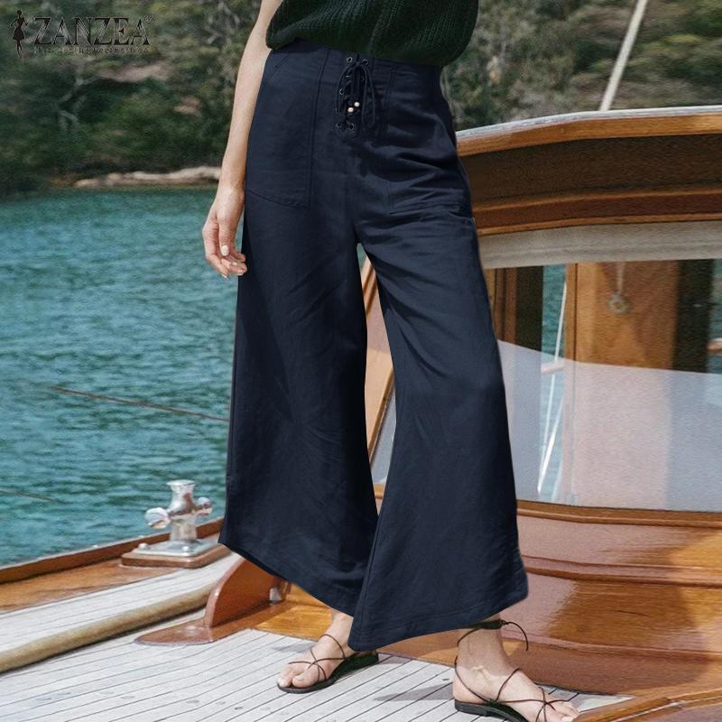 

Women's Pants & Capris Oversized ZANZEA Autumn Trousers Elegant Women High Waist Work Vintage Lace Up Solid Wide Leg Pantalon Loose Long Pal, Black;white