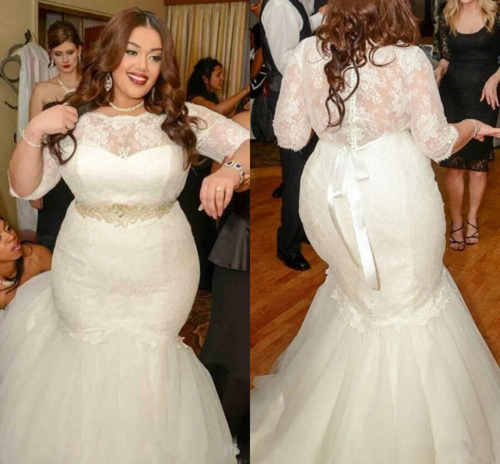 

2021 New Plus Size Mermaid African Es Half Sleeves Lace Top Bride Buttons Back Tulle Wedding Gowns Custom Vestidos T2yq, Ivory