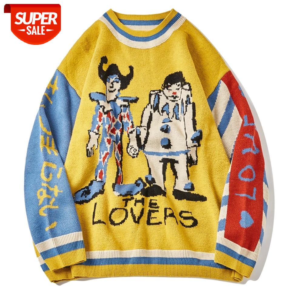 

Harajuku Sweater Pullover Men Patchwork Clown Print Knitted Sweater Hip Hop Streetwear Retro 2021 Spring Male Loose Tops #h45h, White;black