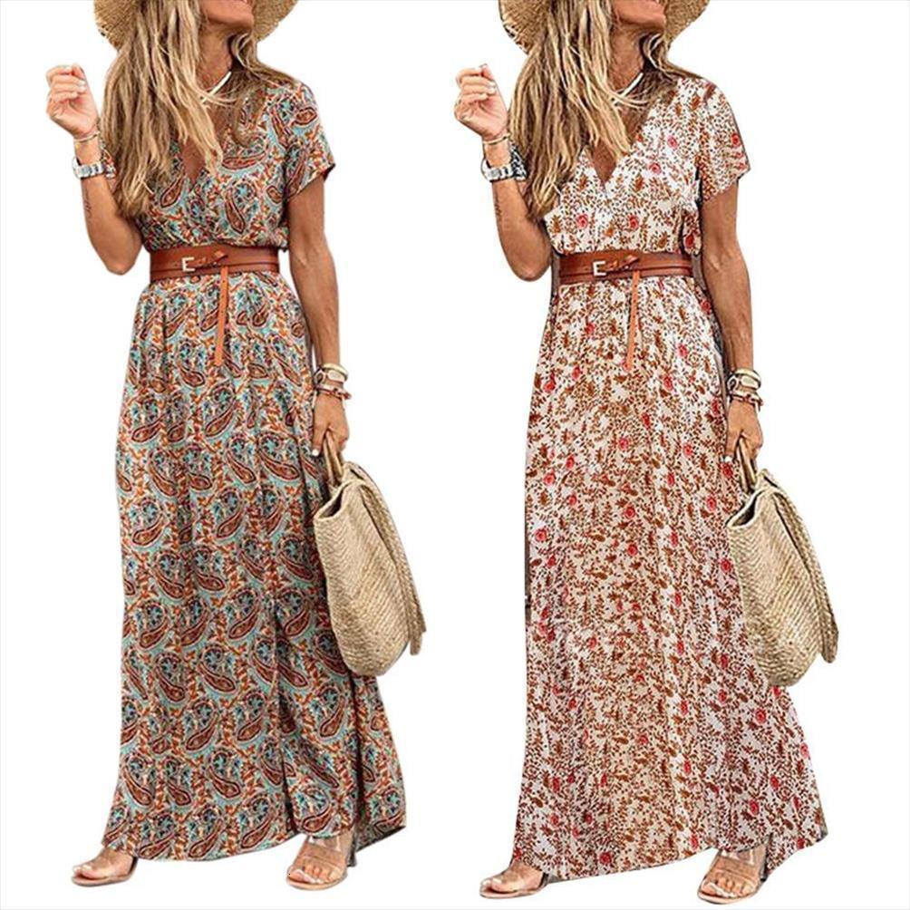 

fashion boho v neck womens dresses short sleeve paisley print belt large hem beach long dress summer with, Black;gray