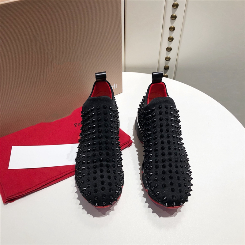 

2021 Red Bottoms Shoes Studded Spikes Flat designer Sneakers For Men Women Low Cut Suede Glitter Party Lovers Wedding Genuine Leather Rivet, Black