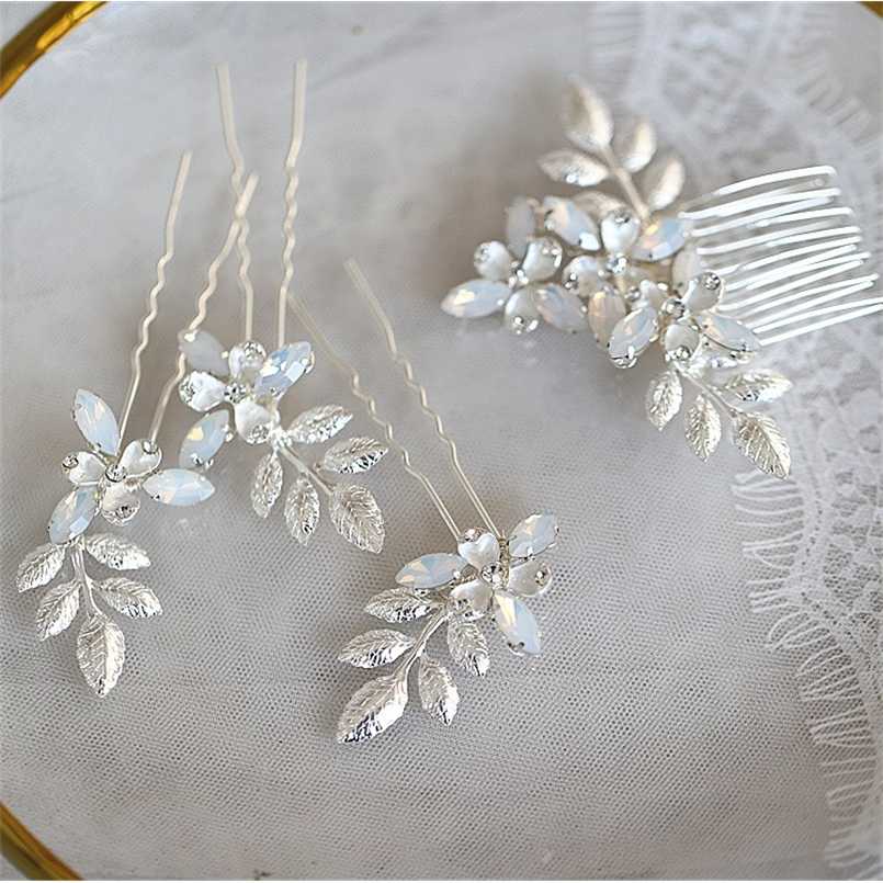 

Jonnafe Gold Silver Color Leaf Wedding Hair Comb Pins Set Opal Crystal Bridal Jewelry Accessories Women Headpiece 211019