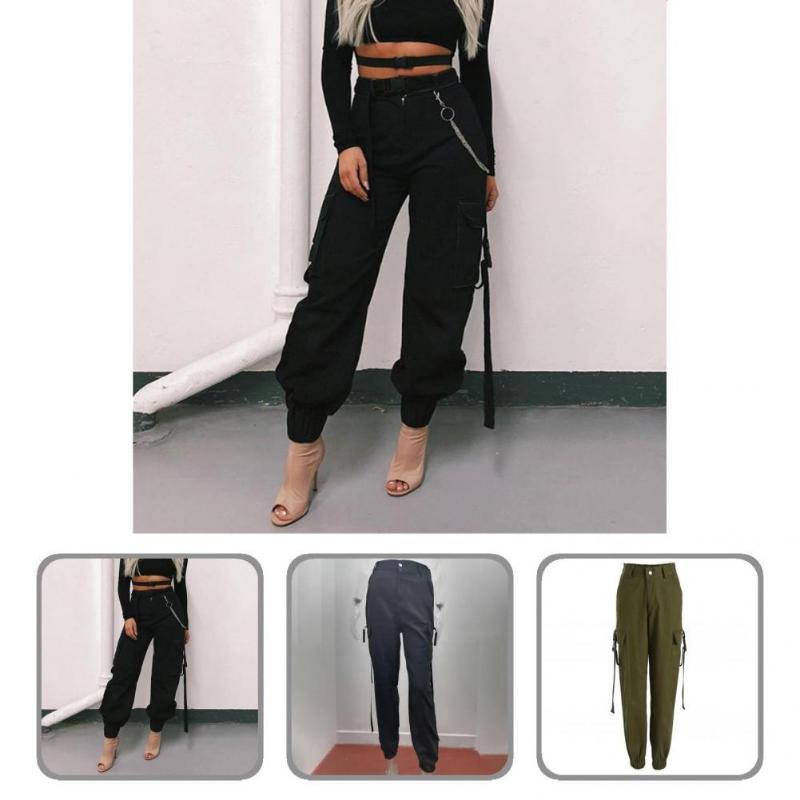 

Women' Pants & Capris All Match Stylish Casual Lady Trousers Multi Pockets Half Elastic Waist For Daily Wear, Khaki
