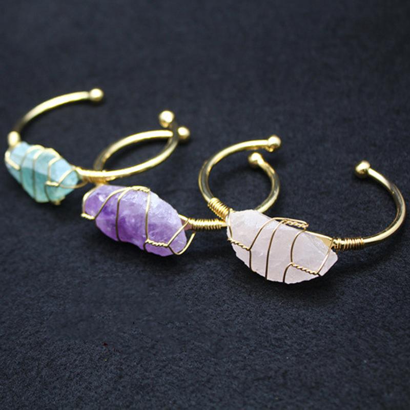 

Charm Bracelets Natural Crystal For Women Gold Color Wire Wrapped Irregular Mineral Purple Pink Quartz Bangles Girls Femme Jew