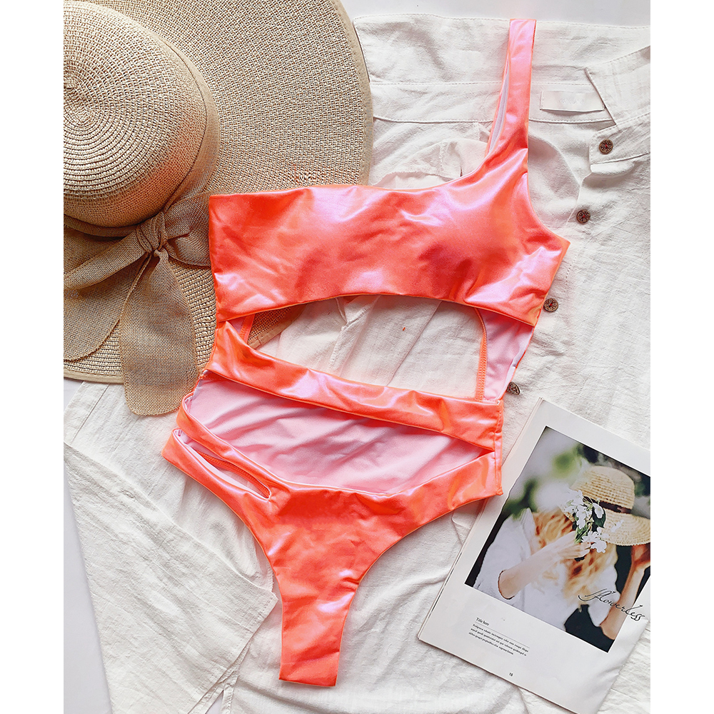 

One Piece Swimsuit Female 2021 Hot Stamping Swimwear Women One Shoulder Hollow Out Swimsuit Monokini Bathing Suit Beachwear Swimswimwear Bat