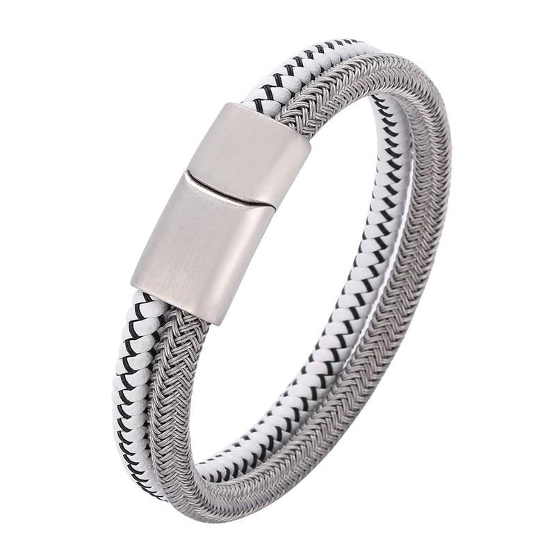 Charm Bracelets Fashion Double Braided Leather Bracelet For Men Stainless Steel Magnetic Buckle Handmade Wristband Male Jewelry PD1068-image-708173725