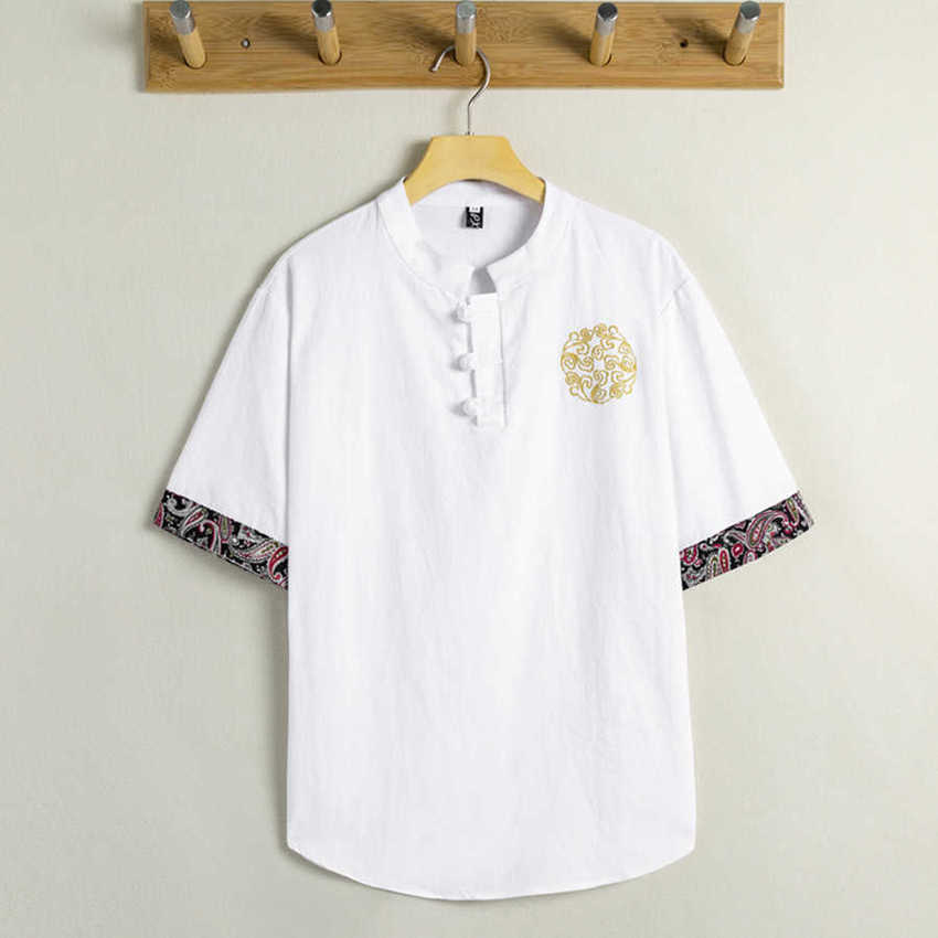 

Chine Style Embroidered short t-shirt men's Linen thin top large cotton and hemp Tang national style T-shirt half sve, White