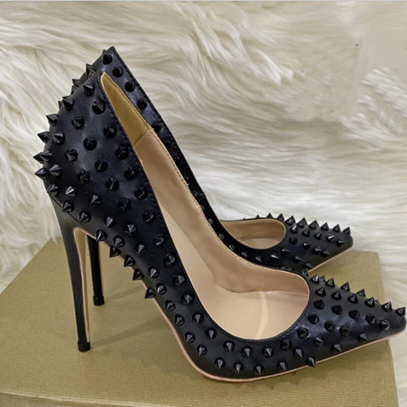 

Black Rivet High Heels Shoes Sexy 12cm Pointed Thin Heel Women's Soft Matte Leather Pump Sandals Boots Ladies Party Dress Top Quality Spiked Shoe, 12cm heel