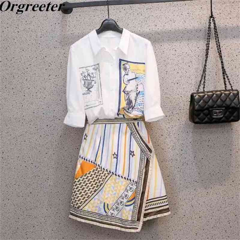

Plus Size Elegant Ladies Retro Printted Shirt Skirt Two piece set Tassel Stitching Asymmetric With Women's Outfits 210602, Only skirt