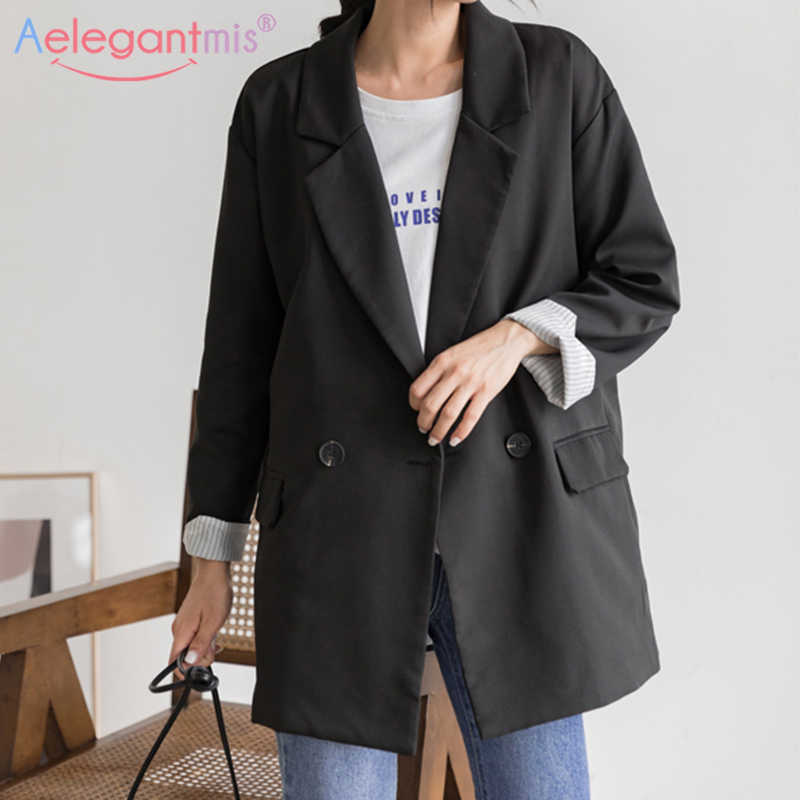 

Aelegantmis Oversized Korean Vintage Blazer Women Office Lady Loose Black Casual Suit Coat Female Single Button OL 210607