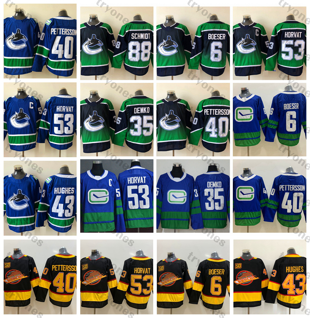 

2021 Reverse Retro Vancouver Canucks Hockey Jerseys Classic 53 Bo Horvat 6 Brock Boeser 40 Elias Pettersson 43 Quinn Hughes 35 Thatcher Demko 50TH Black Shirts, Classic black