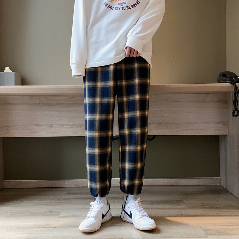 

2021 New Spring Summer Cotton Plaid Men's Fashion Retro Casual Men Streetwear Loose Hip-hop Straight Pants Mens Trousers Ka0i, Yellow lattice