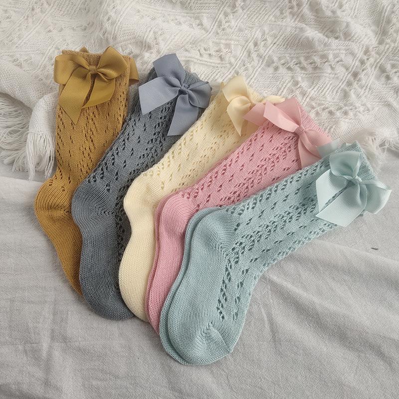

Socks 5 Colors Summer Baby Girls Boys Stocking Solid Hollow Out Big Bowknot Leggings 0-5Y, White
