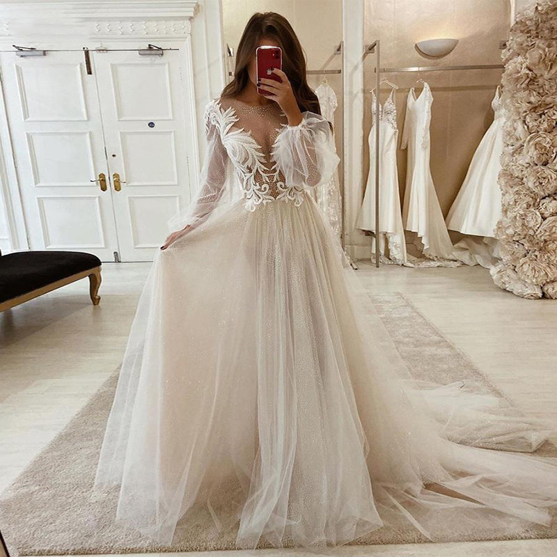 

Lace Wedding Dresses 2021 Long Puff Sleeve Appliques A Line Bride Dress Princess Wedding Gown Long Puff Sleeve robe de mariee, Red