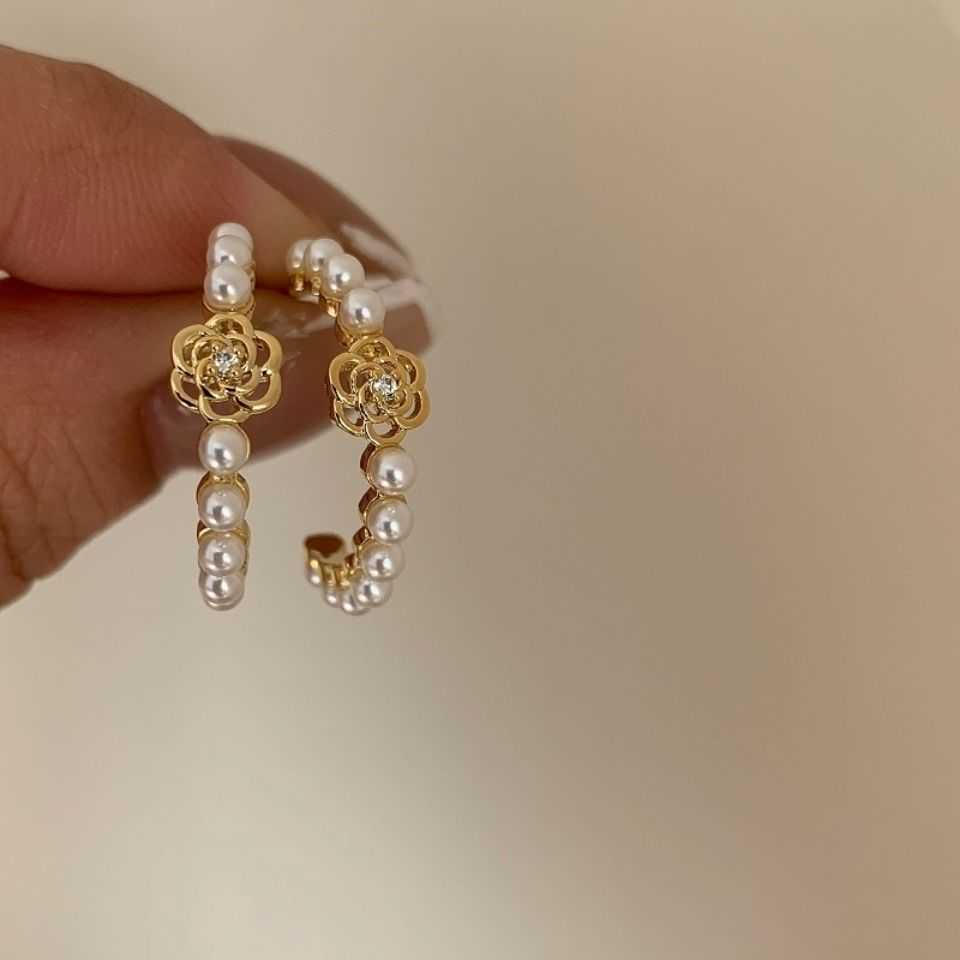 

Temperament camellia earrings French retro pearl flower earrings female S925 silver earrings female Luxurys Designers jewelry, Golden;silver