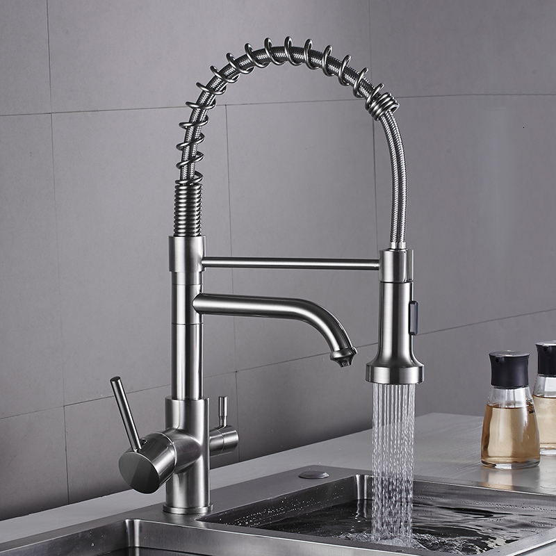 

2021 New Chrome Pull Down Faucet Dual Spouts 360 Swivel Handheld Shower Kitchen Mixer Crane Hot Cold 2 Outlet Spring Taps E31y