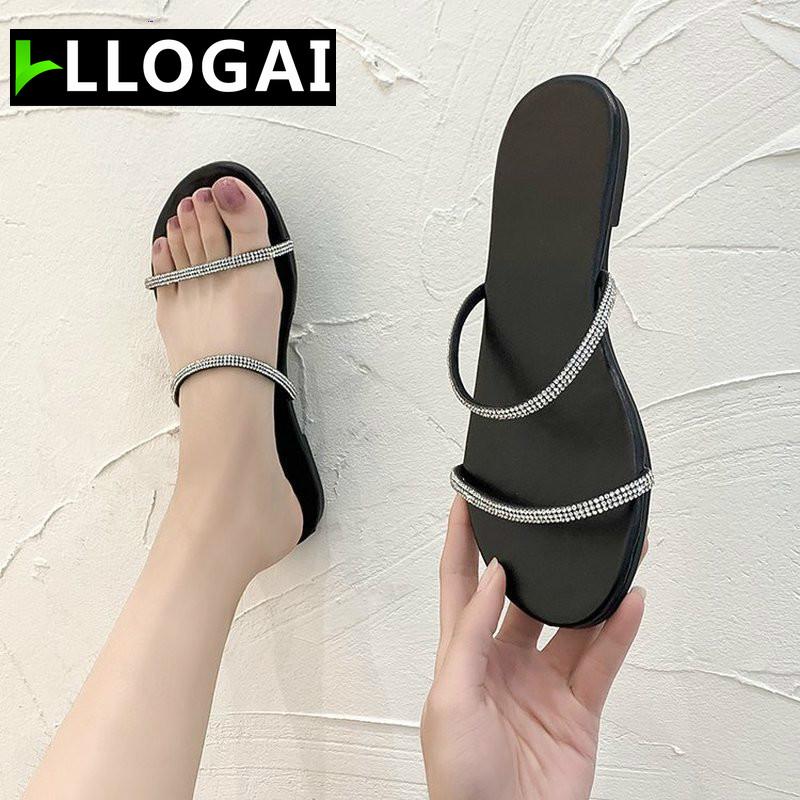 

LLOGAI Outside Fashion Leather Woman Summer Slippers Open Toe Crystal Women Shoes Flat Slippers Casual Shoes for Women, Black crystal