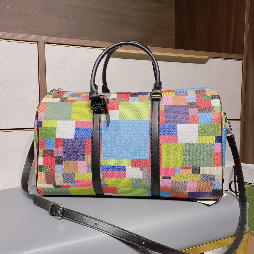 NEW style 45cm women men bags new fashion men women travel bag duffle bag, leather luggage handbags large contrast color capacity sport bag-image-655145520