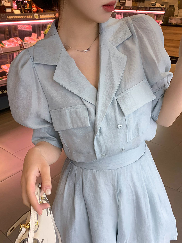 

Summer fashion puff sleeve shirt shorts two-piece age-reducing girl style suit female retro chic western 210525, Light blue