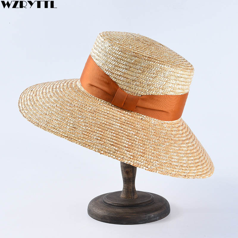 

2021 New Elegant Women Summer Black Orange Ribbon Classical Ladies Wheat Straw Flat Top Sun Beach Kentucky Derby Hat Untk, With orange ribbon