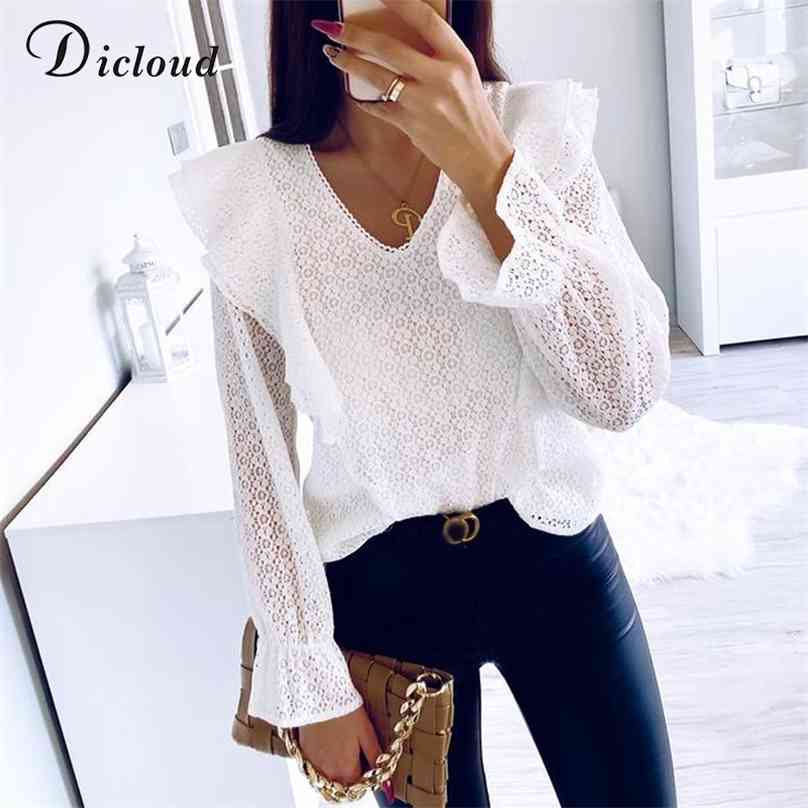 

DICLOUD Sexy Lace Shirt Women Spring Hollow Out Black White Long Sleeve Blouses Female Tops Elegant Ruffle Clothing Ladies 210719