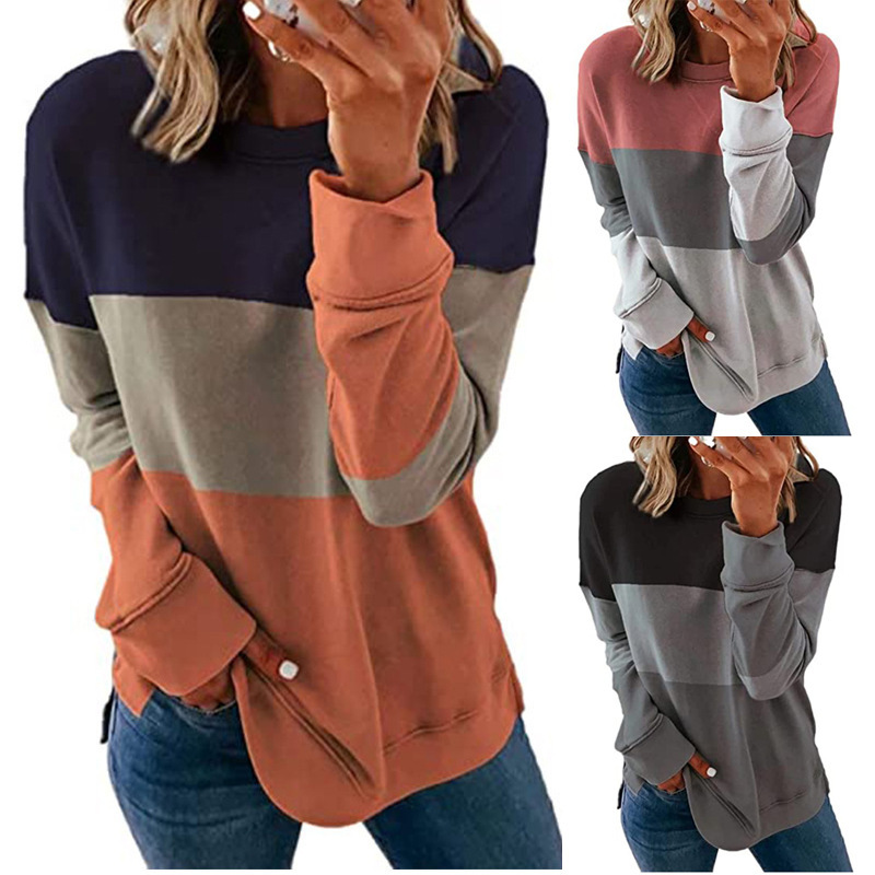 

2021 new stitching contrast round neck loose long sve casual sweater, Black