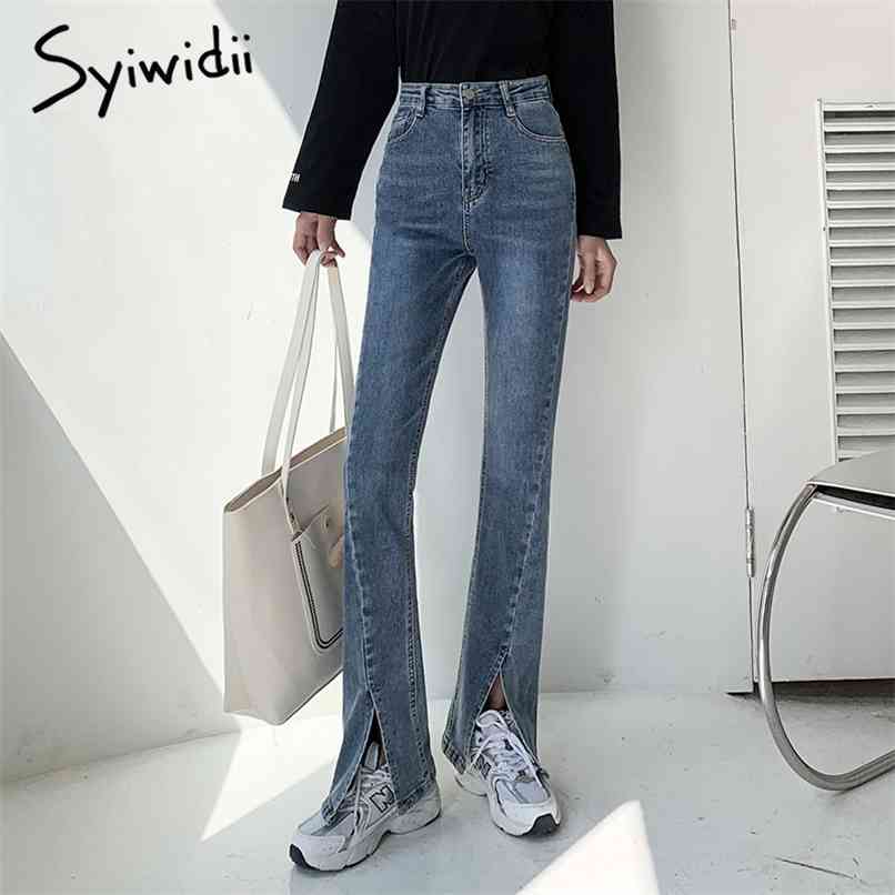 

Slit Jeans Woman Blue Black Stretch Denim Flare Pants Ripped High Waisted Wide Leg Full Length Clothes Fashion 210607