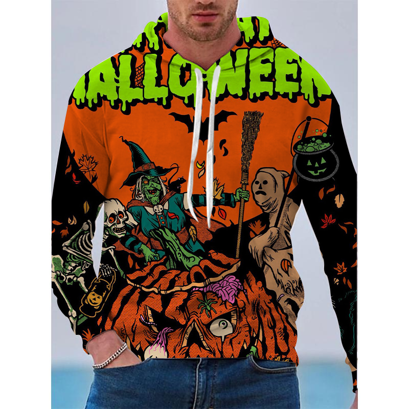 

Halloween witch Pattern Men  3D Printing Hoodie Visual Impact Party Top Punk Gothic Round Neck High Quality Sweatshirt Hoodie, Gray