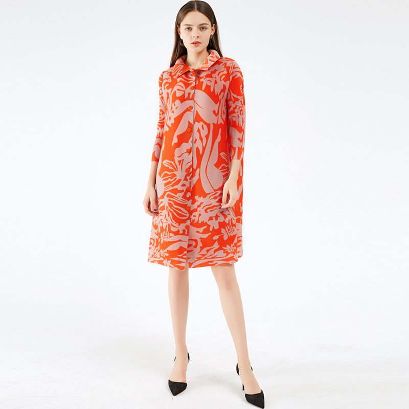 

2021 New Pleated Abstract Print Lapel Cardigan Button Loose Sleeve Jacket Plus Size Long Uk X11s, Yellow