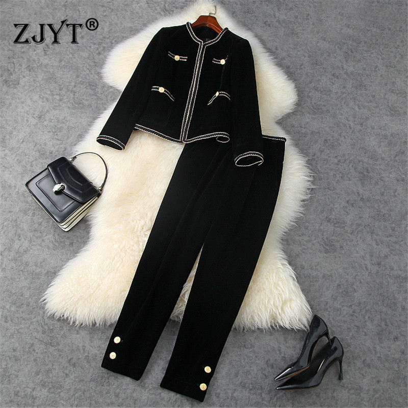 

OEM Runway Fashion Autumn Winter Women Two Piece Pants Set Female Elegant Long Sleeve Vintage Solid Black Velour Jacket and Trousers Suit Office Casual Outfits S-XXL