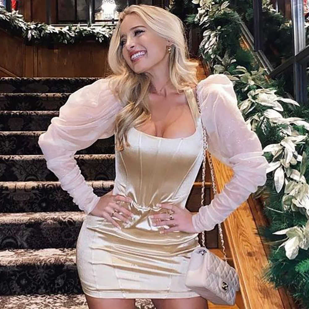 

Ocstrade Bodycon Dress Sexy Halter Arrivals Women Transparent Mesh Long Sleeve Night Club Party es 210527, White apricot