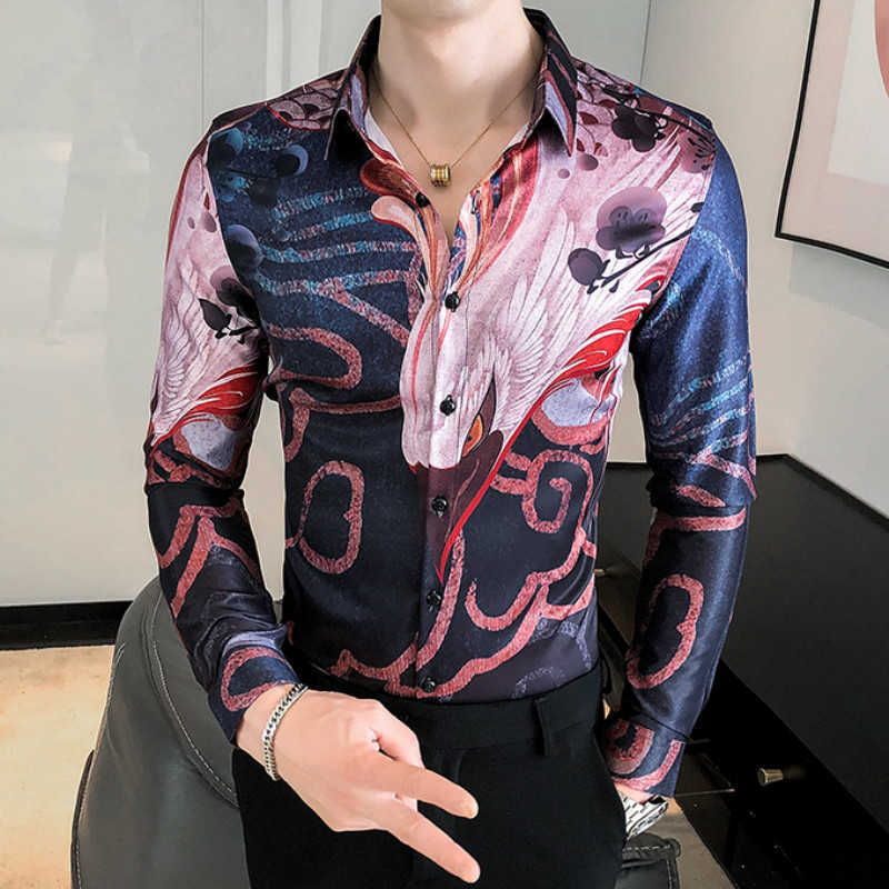 

3D Eagle Print Men Shirts Fashion Slim Fit Streetwear Social Party Casual Shirt Long Sleeve Nightclub Blouse Camisas Para Hombre 210527, Dark red