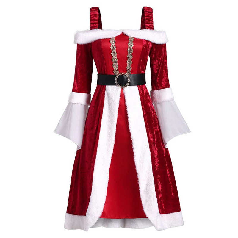

2021 New Women Christmas Ff Stitching Plus Size Off Shouler Party Santa Up Harajuku Mid-calf Length Womens Lady Usnl, Red