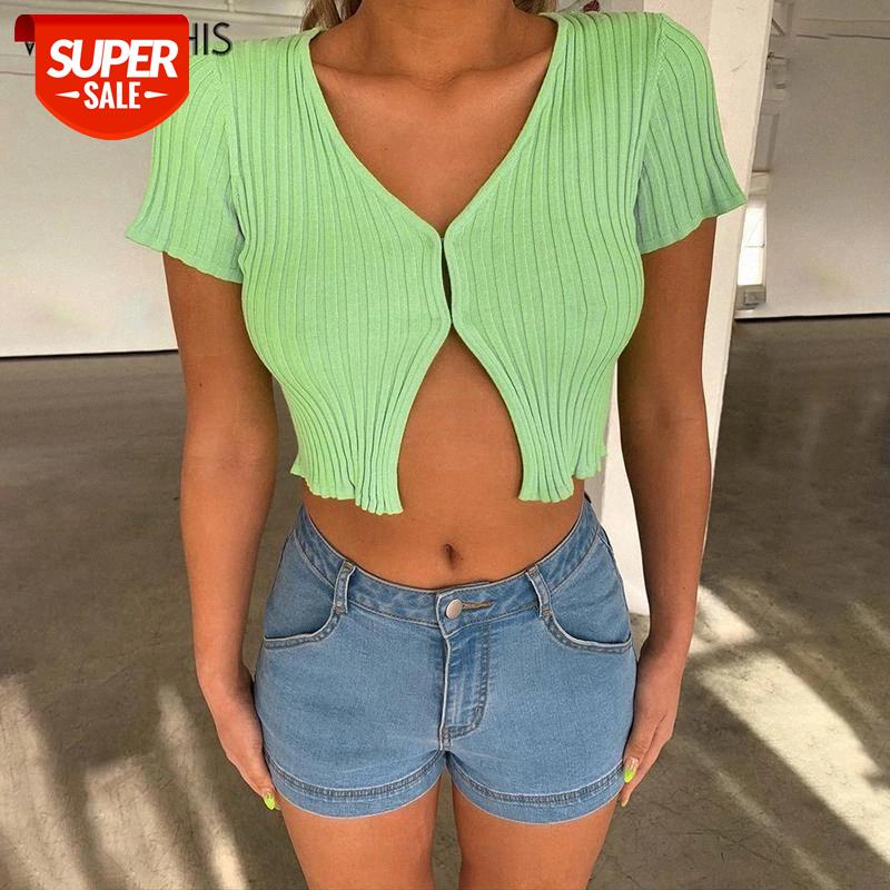 

WannaThis Short Sleeve V-Neck Button Front Split Solid Sexy Cropped Top Women Fashion Summer Elastic Streetwear Ladies Slim Top #638a, White