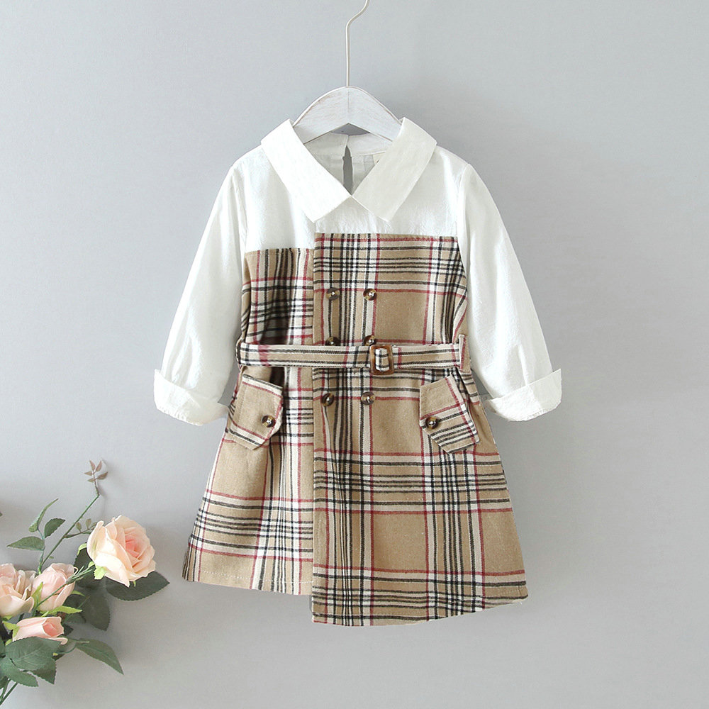 

Girls Plaid Patched Pockets Irregular Dress Autumn Winter Baby Kids Turn-down Collar Long Sleeve Casual A-line Dress with Belt, Red;yellow