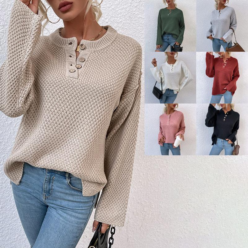

Women's Sweaters 2021 Autumn Winter Split Knit Crew Button Front Rib-knit Stretchable Pull Sweater Femme Jersey Jumper Pullover, White;black