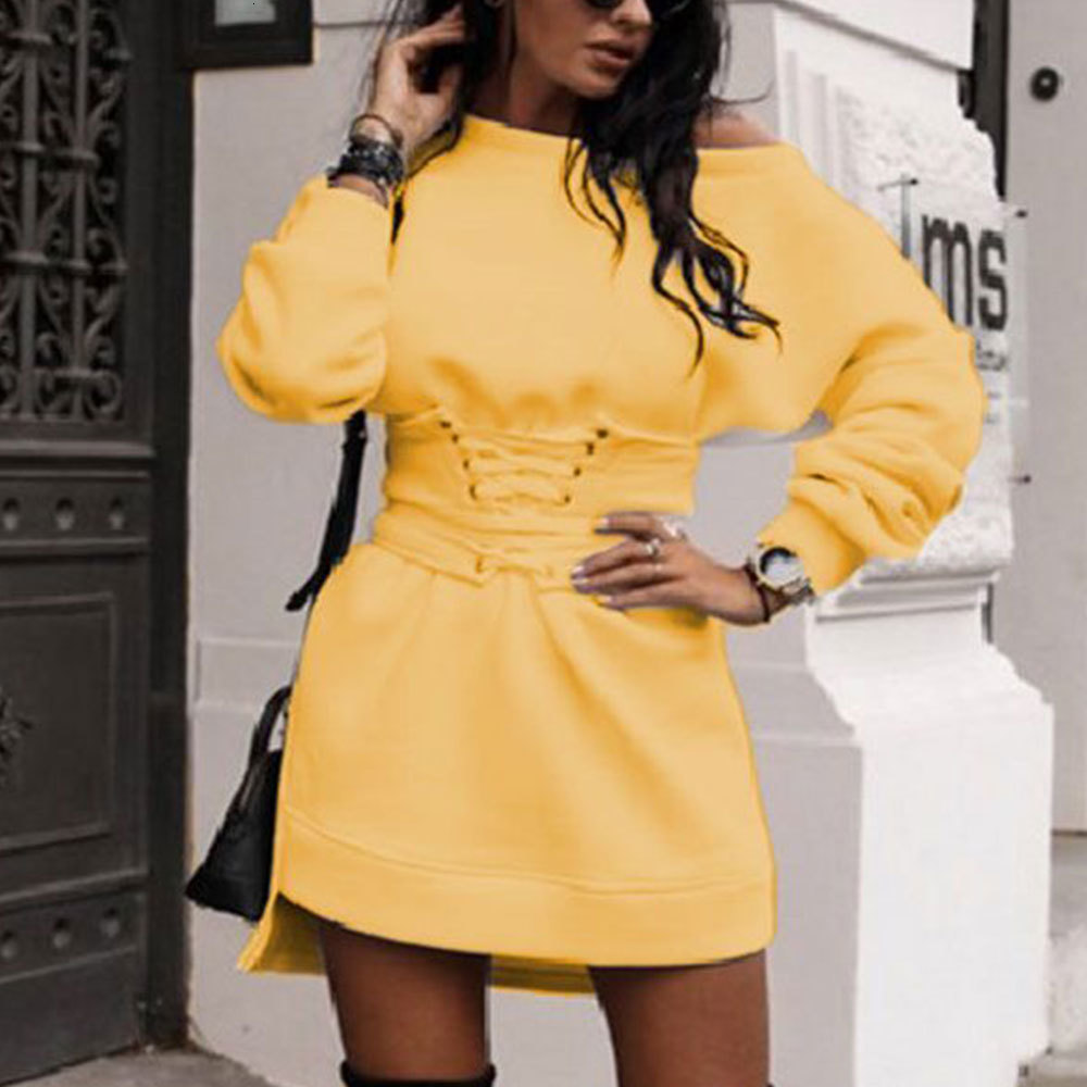 

2021 New Hoodies Women's Solid O-neck Long Sleeve Fleece Thick +waistband Belt Bandage Winter Streetwear 0k3g, Yellow