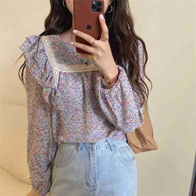 

Puff Sleeves Office Lady Square Collar Vintage Ruffle Tops Retro Chic Loose All Match Streetwear Blouses 210525, Purple