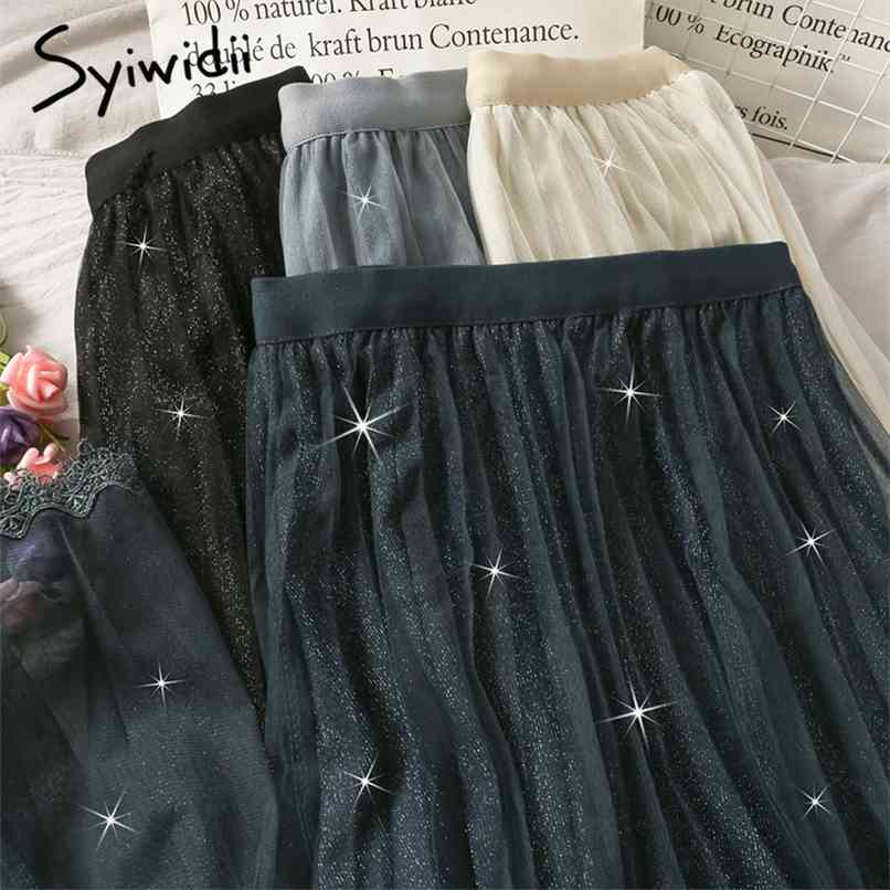 

Mesh Spliced Skirt for Women High Waist Mid-Calf Solid Black Casual A-Line Spring Summer Korean Fashion Skirts 210607