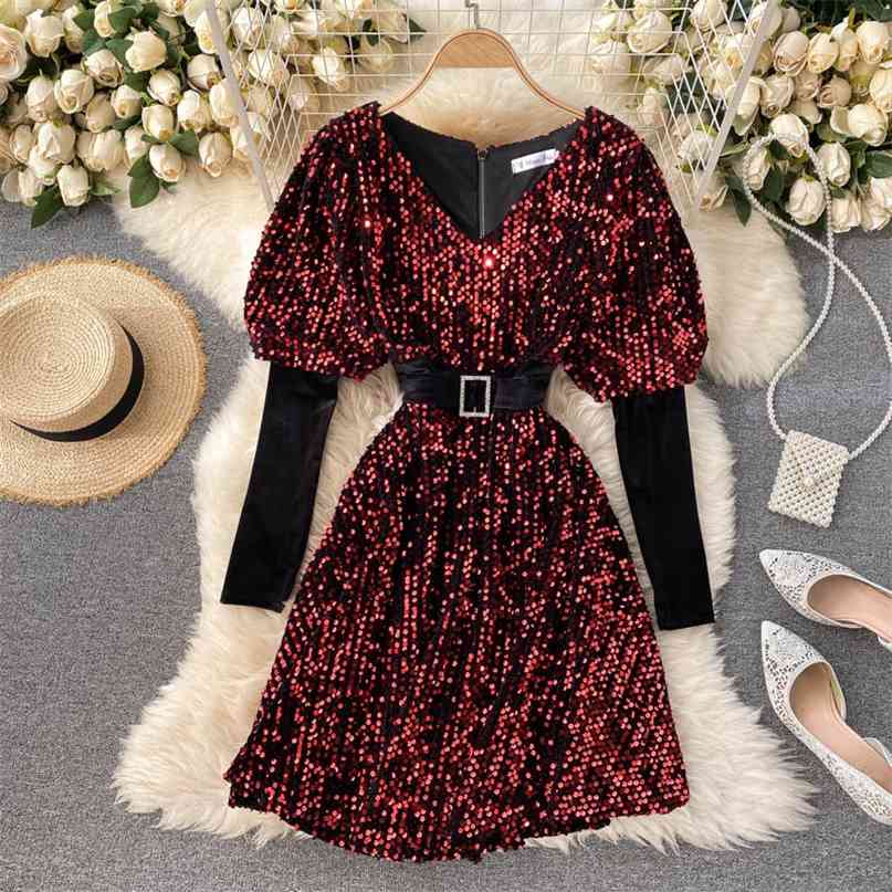 

Autumn Winter Women's Dress Blingbling Sequined Mini Party Patchwork Puff Sleeve V-neck Christmas Club 210603, Burgundy