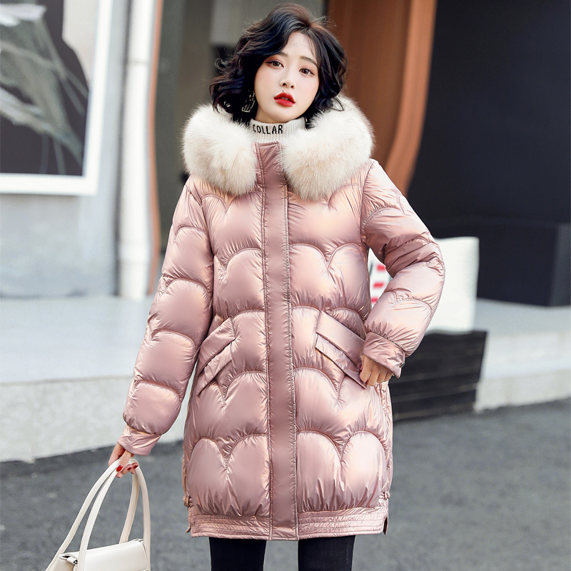 

2021 New Winter Soild Women Er Coat Long Casual Hooded Fur Ladies Jackets Shiny Padded Cotton Female Parkas with Pockets Outwear 4db8, Black