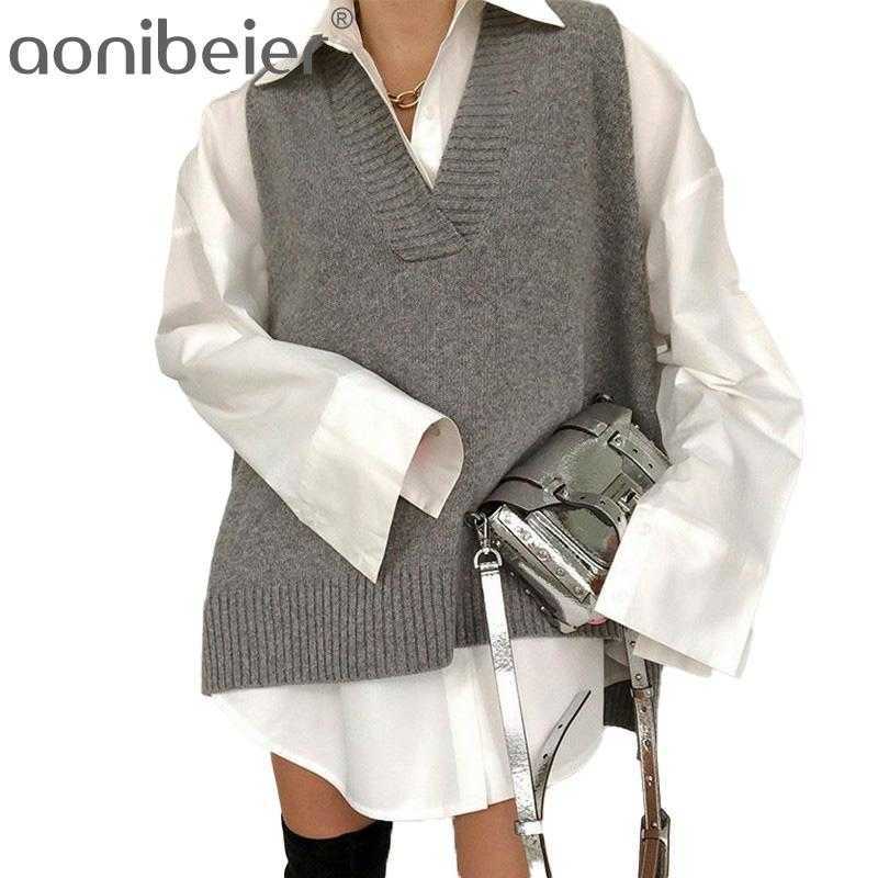 

Autumn Winter Women V-neck Split Vest Sweater Ladies Fashion Sleeveless Loose Knitted Pullover Casual Clothing Shirt 210604, Khaki