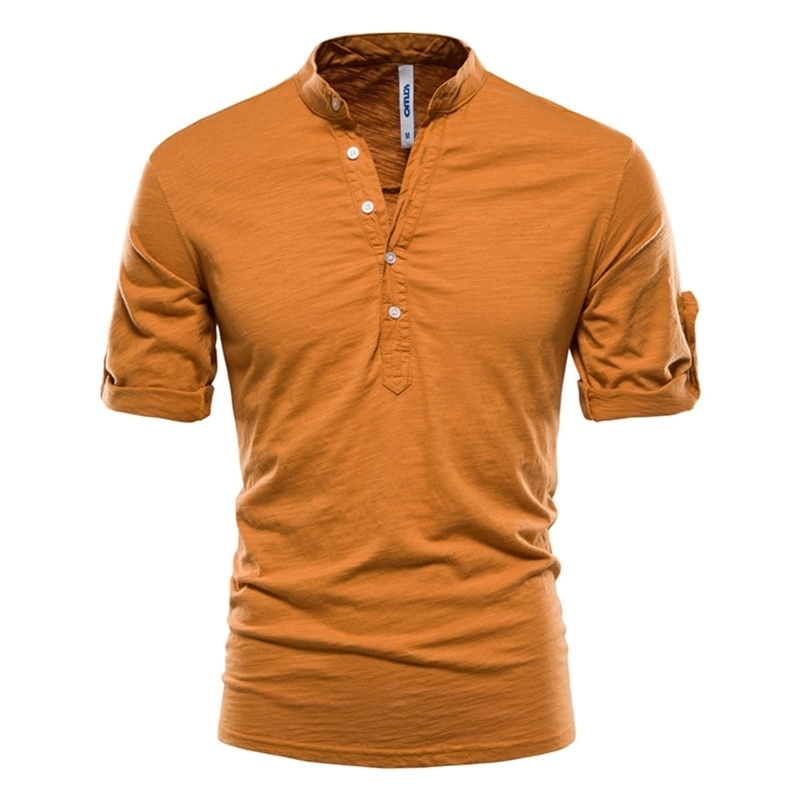 AIOPESON Stand Collar T-Shirt Men Solid Color 100% Cotton Middle Sleeve Men's T Shirts Summer Quality Casual Tee Shirt Male 210726
