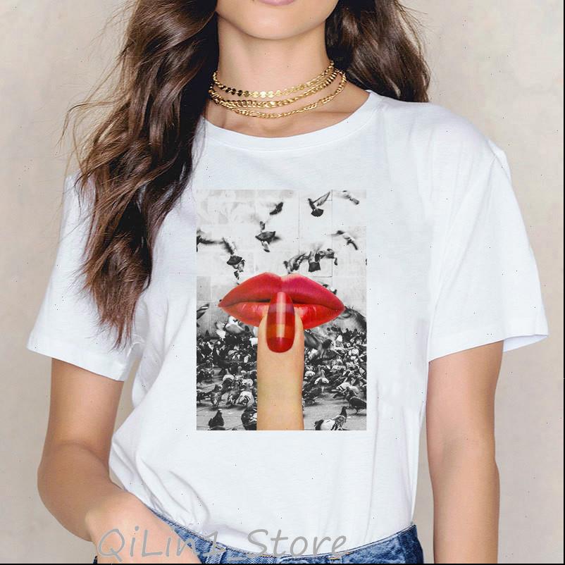 

vintage t shirt women keep quiet red nail polish lips animal printed female t shirt funny vogue tshirt femme drop shipping, White