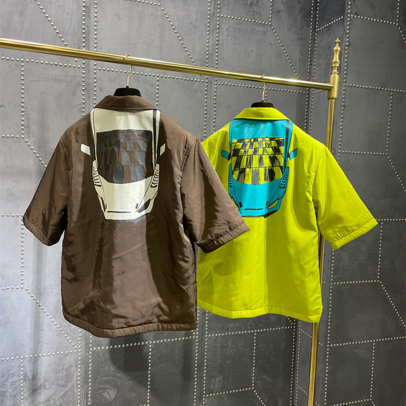 

2021 Early autumn jackets European Womens clothing stretch compact poplin shirt Cotton padded jacket Thin section On the back printing car pattern lining green coat, Pay for dhl;not goods