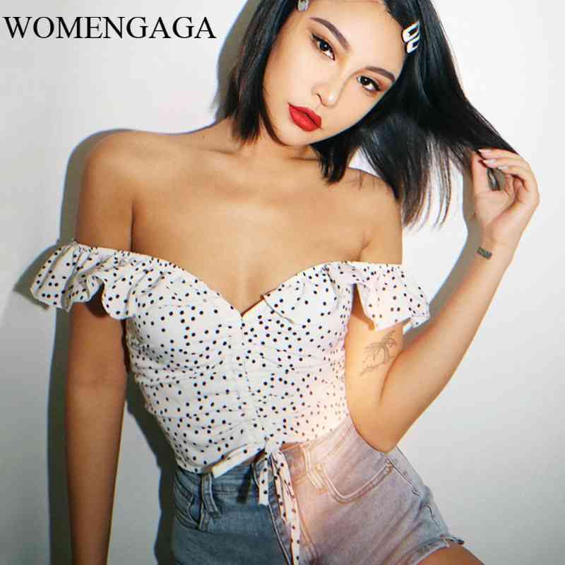 

Girl Female Women Exposed Navel Slash Neck Dot Simple Front Shirred Backless Ruffle Top Shirt Blouse Short Sleeve HX8S 210603, Black