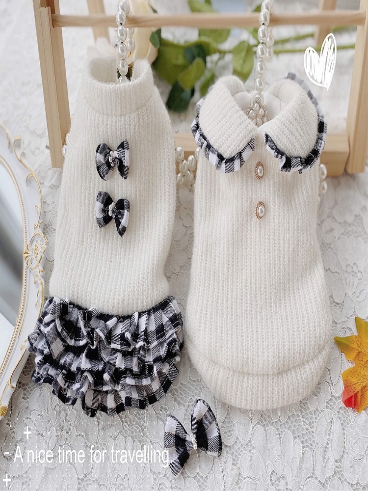 

Handmade Dog Apparel Pet Sweater Dress Couples Clothes Black White Plaid Cake Skirt Thick Warm Winter Outerwear Traveling Holiday, White sweater