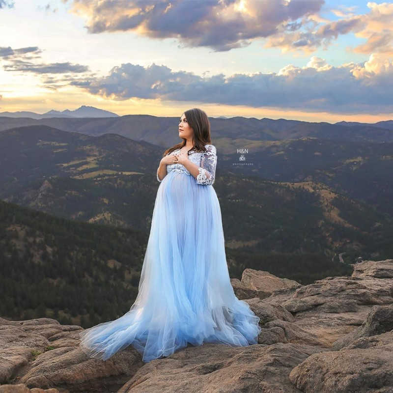 

Crochet Lace Tulle Maternity Dresses For Photo Shoot Pregnant Women Long Dress For Photography Pregnancy Photography Long Dress Q0713, White